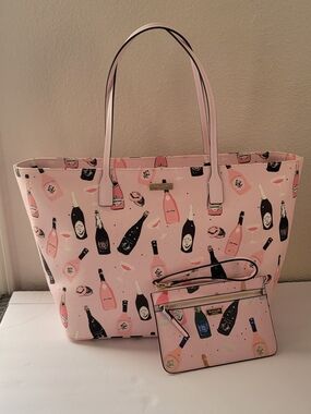 Pink Champagne Bottle Print Tote Bag with Wristlet